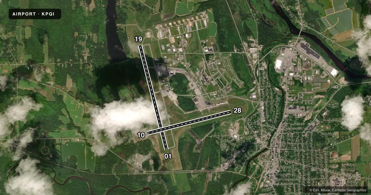 Top-down satellite sketch of KPQI PRESQUE ISLE INTL in PRESQUE ISLE, MAINE, showing runways 01/19, 10/28 drawn to scale over Esri World Imagery