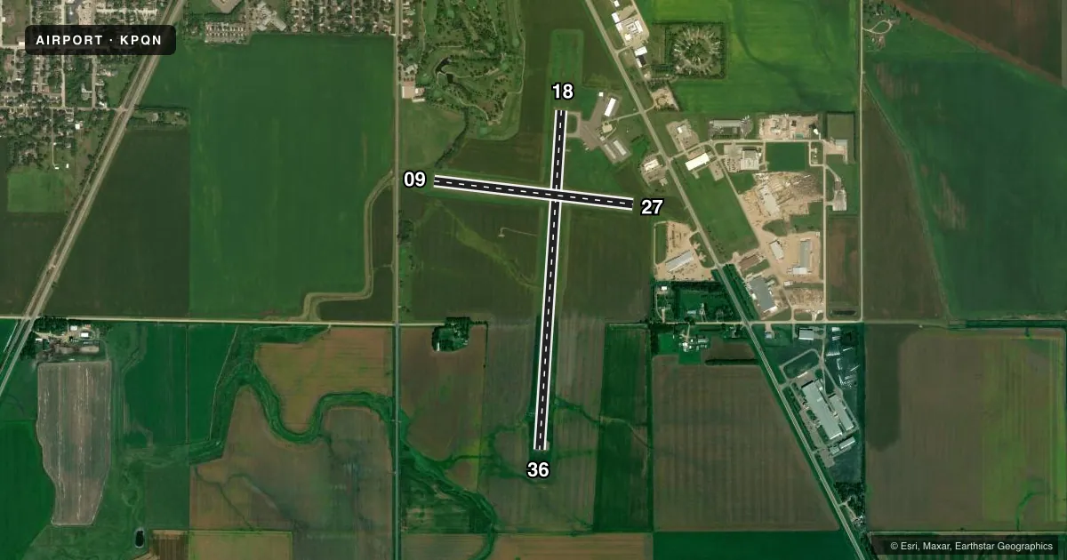 Top-down satellite sketch of KPQN PIPESTONE MUNI in PIPESTONE, MINNESOTA, showing runways 18/36, 09/27 drawn to scale over Esri World Imagery