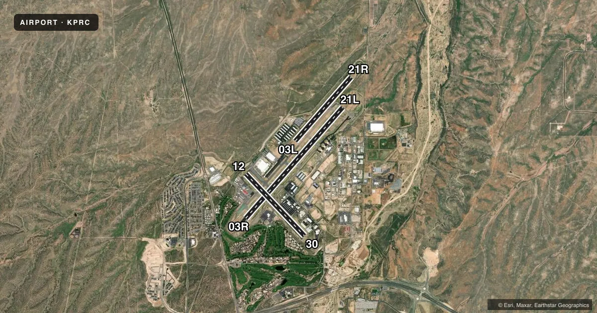 Top-down satellite sketch of KPRC PRESCOTT RGNL/ERNEST A LOVE FLD in PRESCOTT, ARIZONA, showing runways 03R/21L, 12/30, 03L/21R drawn to scale over Esri World Imagery