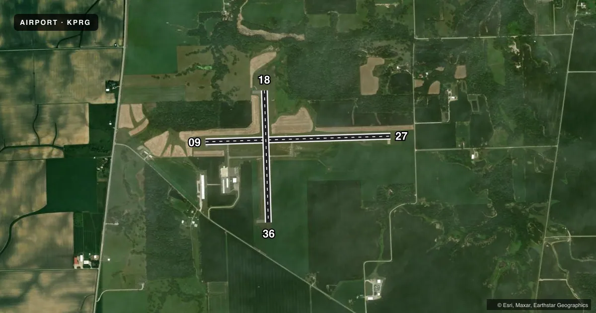 Top-down satellite sketch of KPRG EDGAR COUNTY in PARIS, ILLINOIS, showing runways 09/27, 18/36 drawn to scale over Esri World Imagery