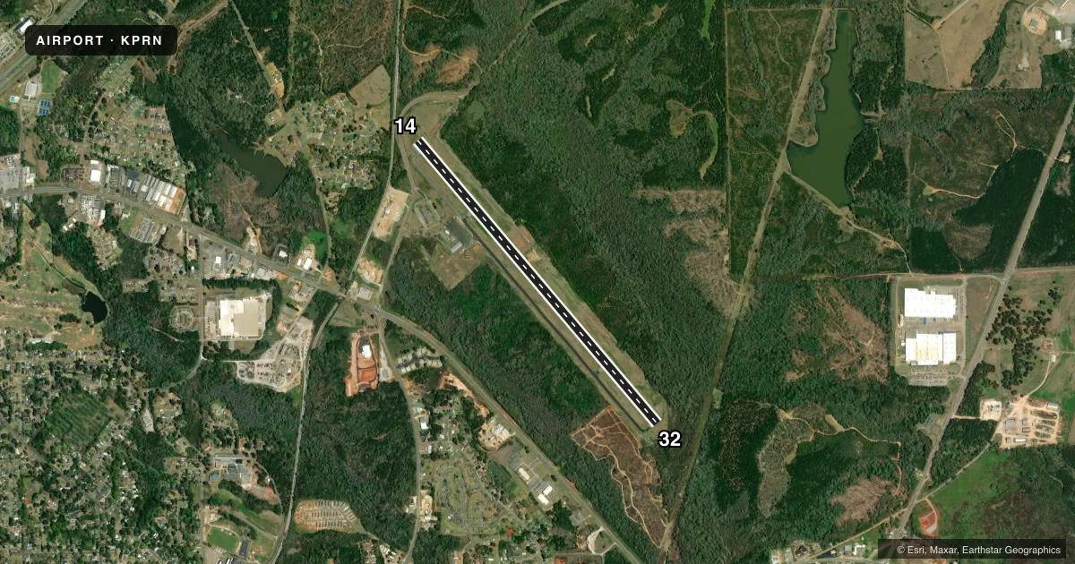 Top-down satellite sketch of KPRN MAC CRENSHAW MEML in GREENVILLE, ALABAMA, showing runways 14/32 drawn to scale over Esri World Imagery