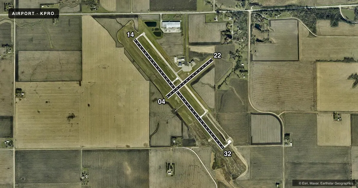 Top-down satellite sketch of KPRO PERRY MUNI in PERRY, IOWA, showing runways 14/32, 04/22 drawn to scale over Esri World Imagery