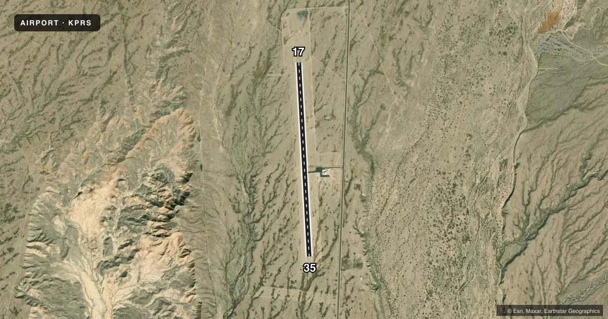 Top-down satellite sketch of KPRS PRESIDIO LELY INTL in PRESIDIO, TEXAS, showing runways 17/35 drawn to scale over Esri World Imagery