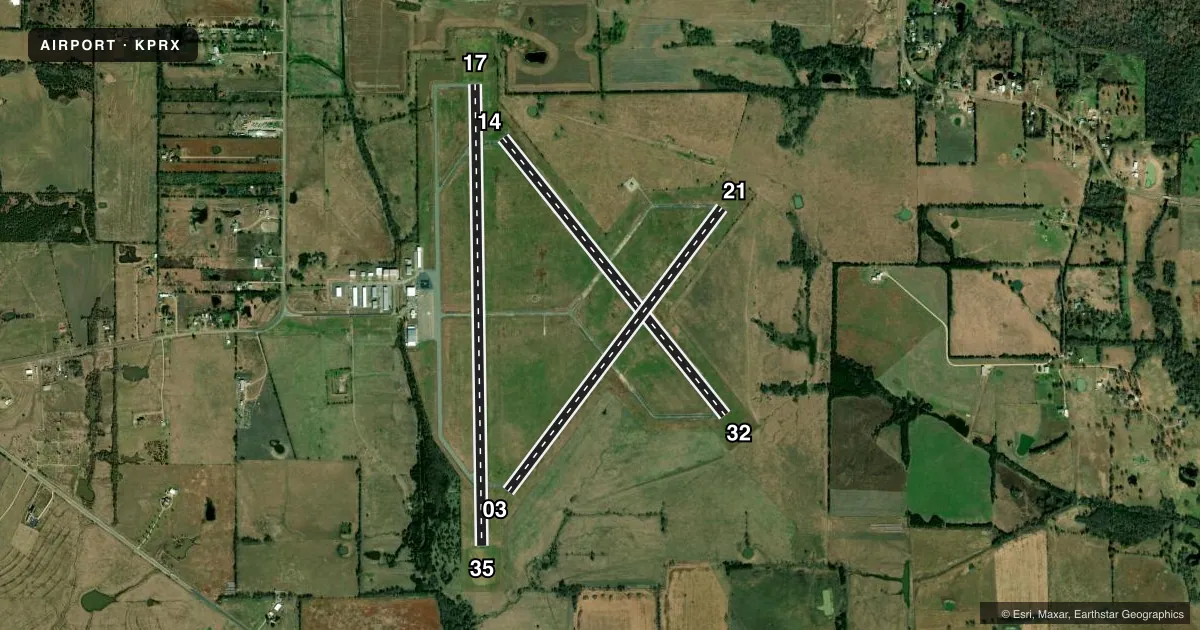 Top-down satellite sketch of KPRX COX FLD in PARIS, TEXAS, showing runways 17/35, 03/21, 14/32 drawn to scale over Esri World Imagery