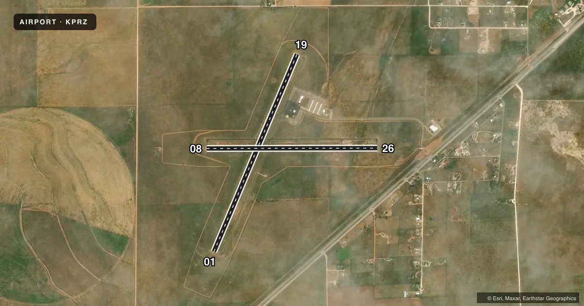 Top-down satellite sketch of KPRZ PORTALES MUNI in PORTALES, NEW MEXICO, showing runways 01/19, 08/26 drawn to scale over Esri World Imagery