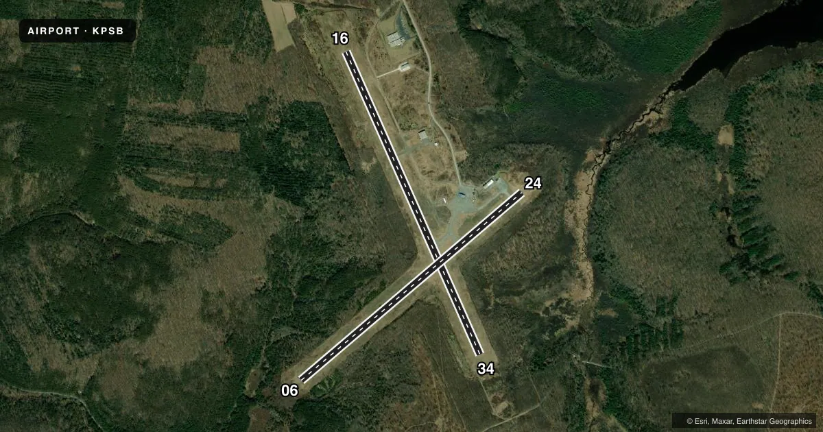 Top-down satellite sketch of KPSB MID-STATE in PHILIPSBURG, PENNSYLVANIA, showing runways 16/34, 06/24 drawn to scale over Esri World Imagery