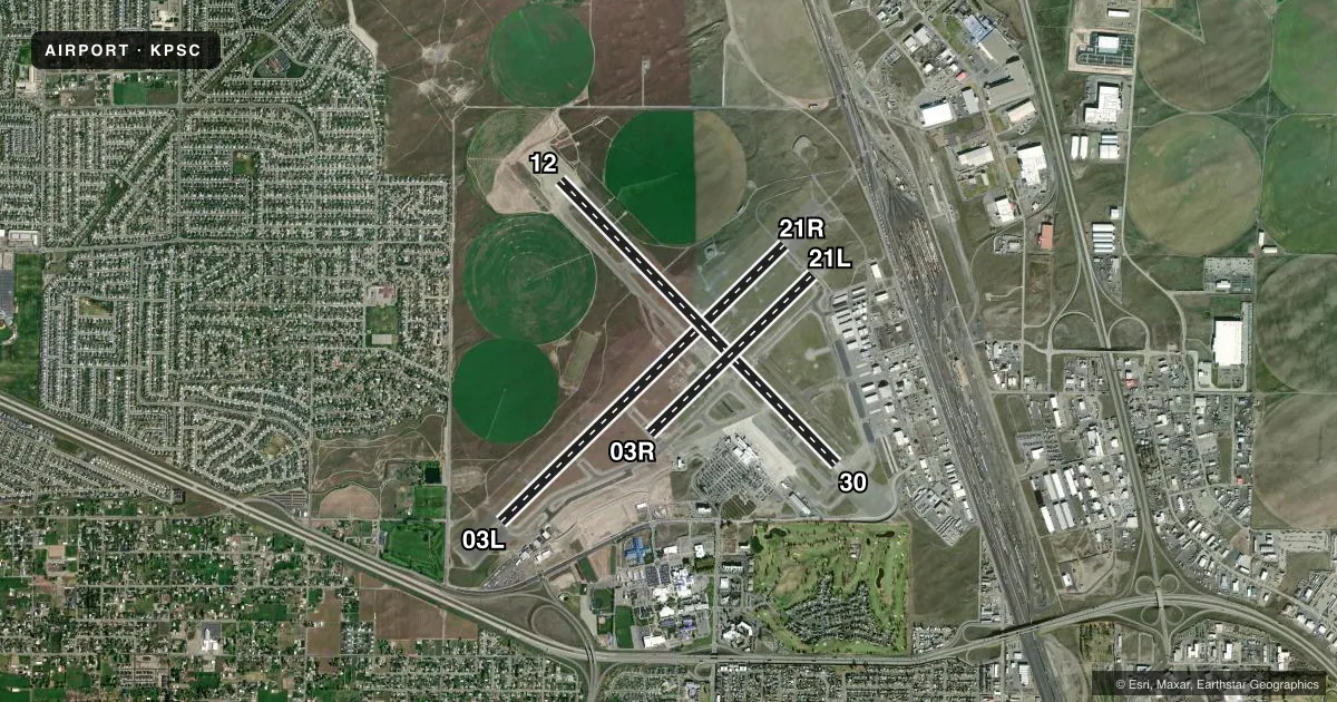 Top-down satellite sketch of KPSC TRI-CITIES in PASCO, WASHINGTON, showing runways 03L/21R, 12/30, 03R/21L drawn to scale over Esri World Imagery