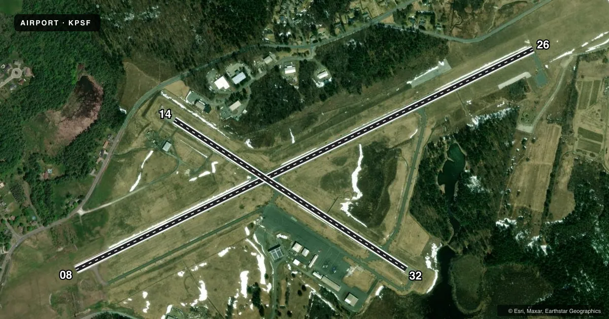 Top-down satellite sketch of KPSF PITTSFIELD MUNI in PITTSFIELD, MASSACHUSETTS, showing runways 08/26, 14/32 drawn to scale over Esri World Imagery