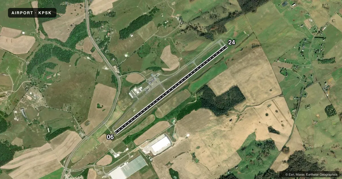 Top-down satellite sketch of KPSK NEW RIVER VALLEY in DUBLIN, VIRGINIA, showing runways 06/24 drawn to scale over Esri World Imagery