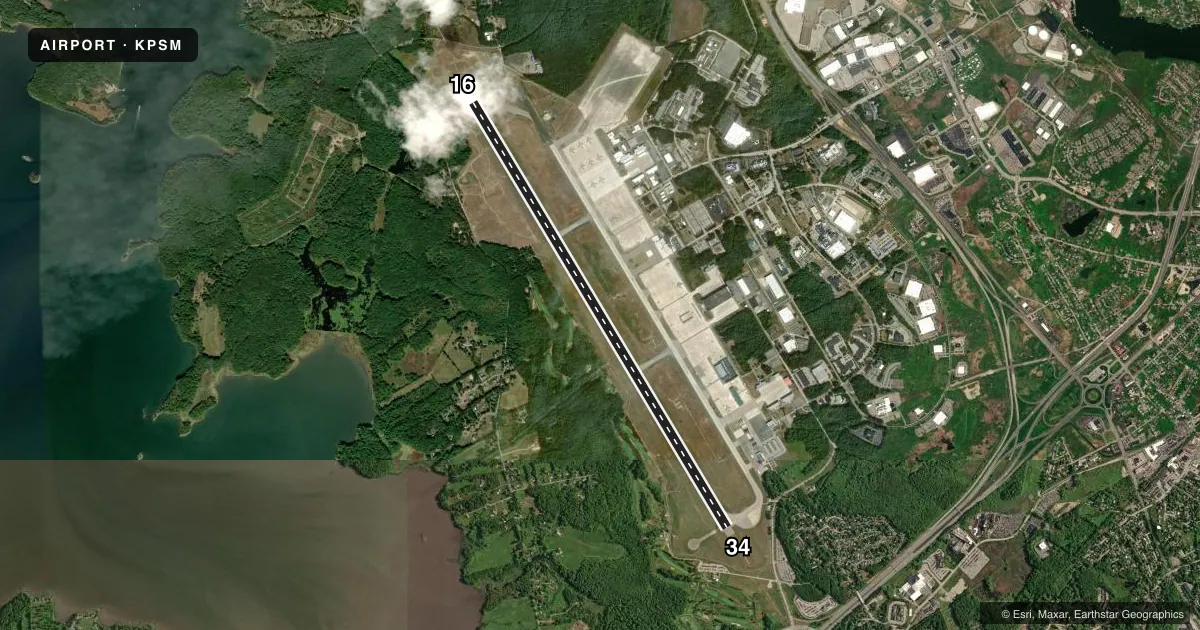 Top-down satellite sketch of KPSM PORTSMOUTH INTL AT PEASE in PORTSMOUTH, NEW HAMPSHIRE, showing runways 16/34 drawn to scale over Esri World Imagery