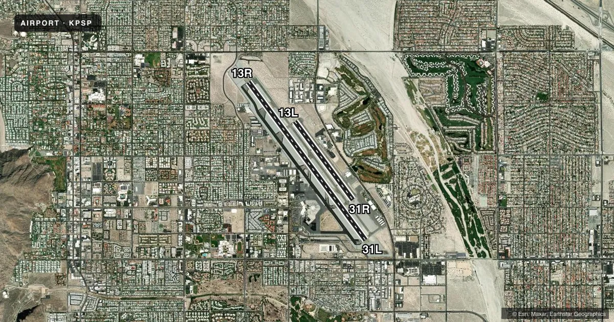 Top-down satellite sketch of KPSP PALM SPRINGS INTL in PALM SPRINGS, CALIFORNIA, showing runways 13R/31L, 13L/31R drawn to scale over Esri World Imagery