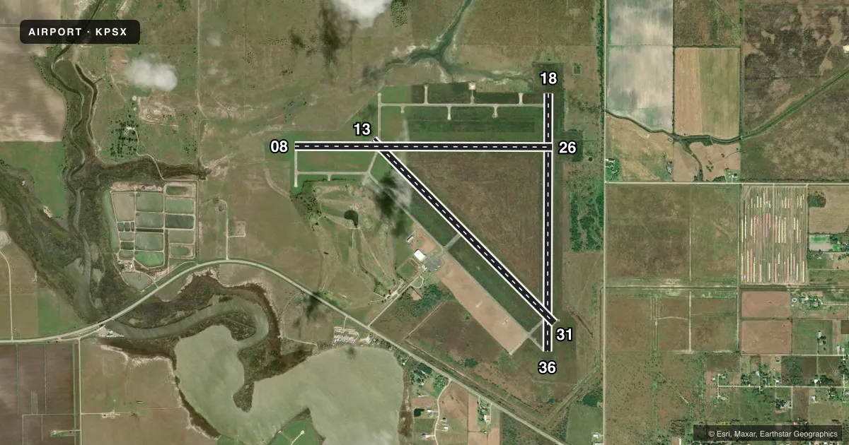 Top-down satellite sketch of KPSX PALACIOS MUNI in PALACIOS, TEXAS, showing runways 18/36, 13/31, 08/26 drawn to scale over Esri World Imagery