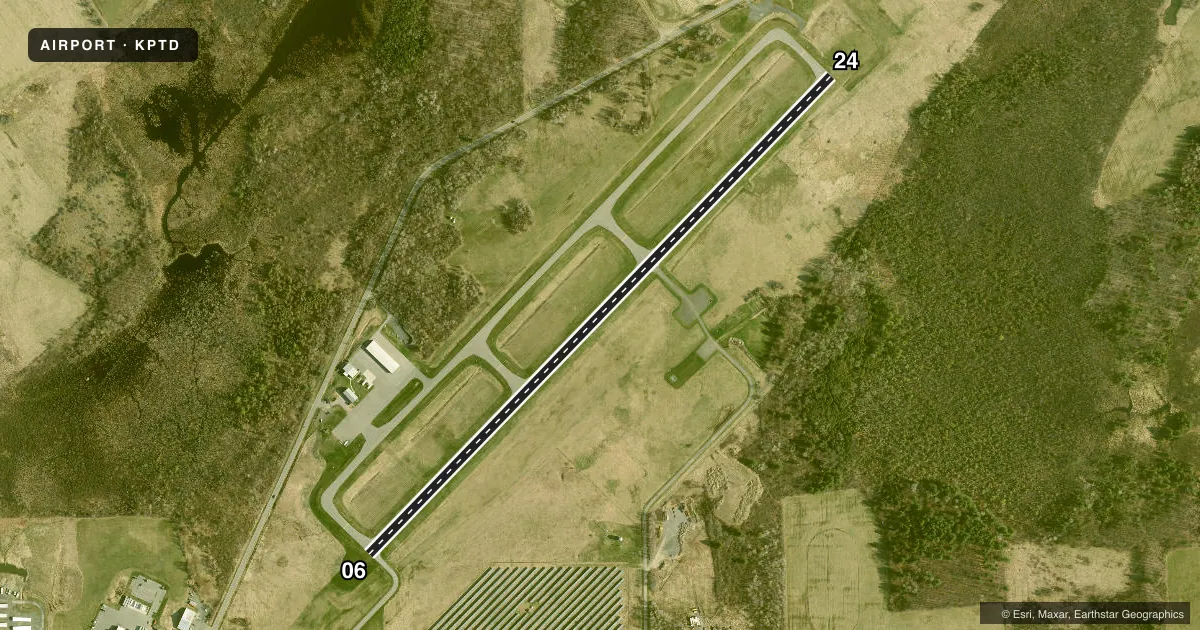 Top-down satellite sketch of KPTD POTSDAM MUNI/DAMON FLD in POTSDAM, NEW YORK, showing runways 06/24 drawn to scale over Esri World Imagery
