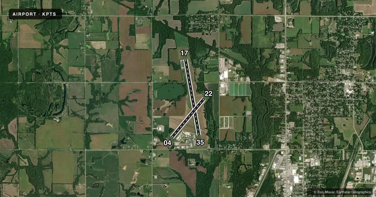 Top-down satellite sketch of KPTS ATKINSON MUNI in PITTSBURG, KANSAS, showing runways 17/35, 04/22 drawn to scale over Esri World Imagery