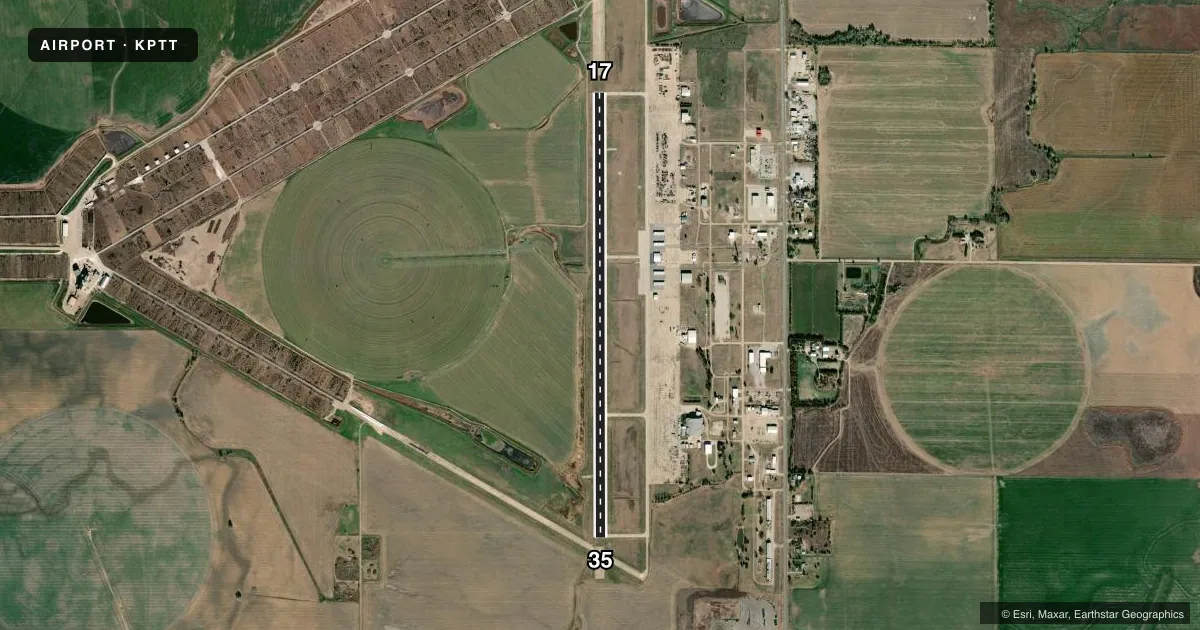 Top-down satellite sketch of KPTT PRATT RGNL in PRATT, KANSAS, showing runways 17/35 drawn to scale over Esri World Imagery