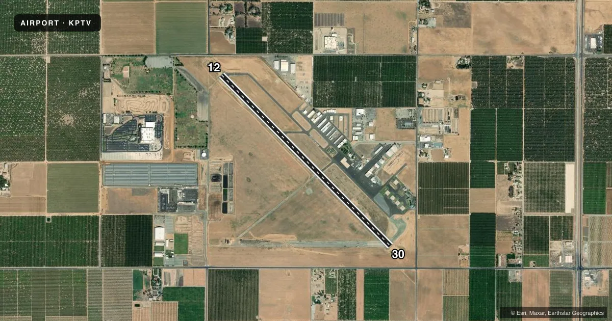 Top-down satellite sketch of KPTV PORTERVILLE MUNI in PORTERVILLE, CALIFORNIA, showing runways 12/30 drawn to scale over Esri World Imagery