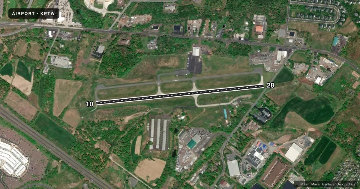 Top-down satellite sketch of KPTW HERITAGE FLD in POTTSTOWN, PENNSYLVANIA, showing runways 10/28 drawn to scale over Esri World Imagery