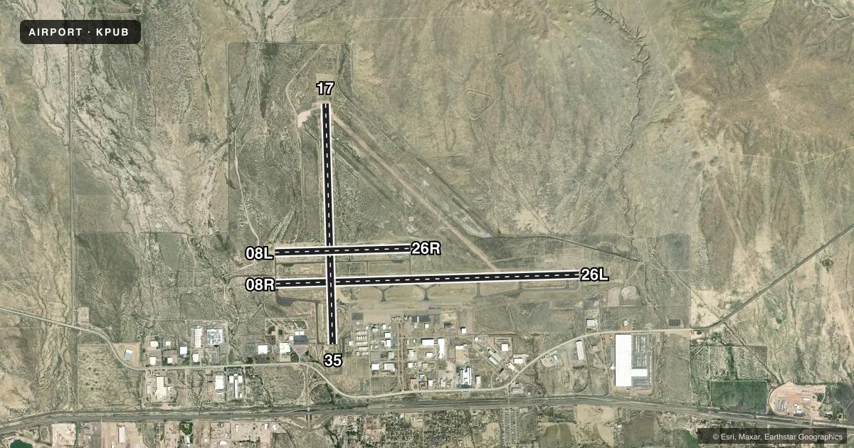 Top-down satellite sketch of KPUB PUEBLO MEML in PUEBLO, COLORADO, showing runways 08R/26L, 17/35, 08L/26R drawn to scale over Esri World Imagery