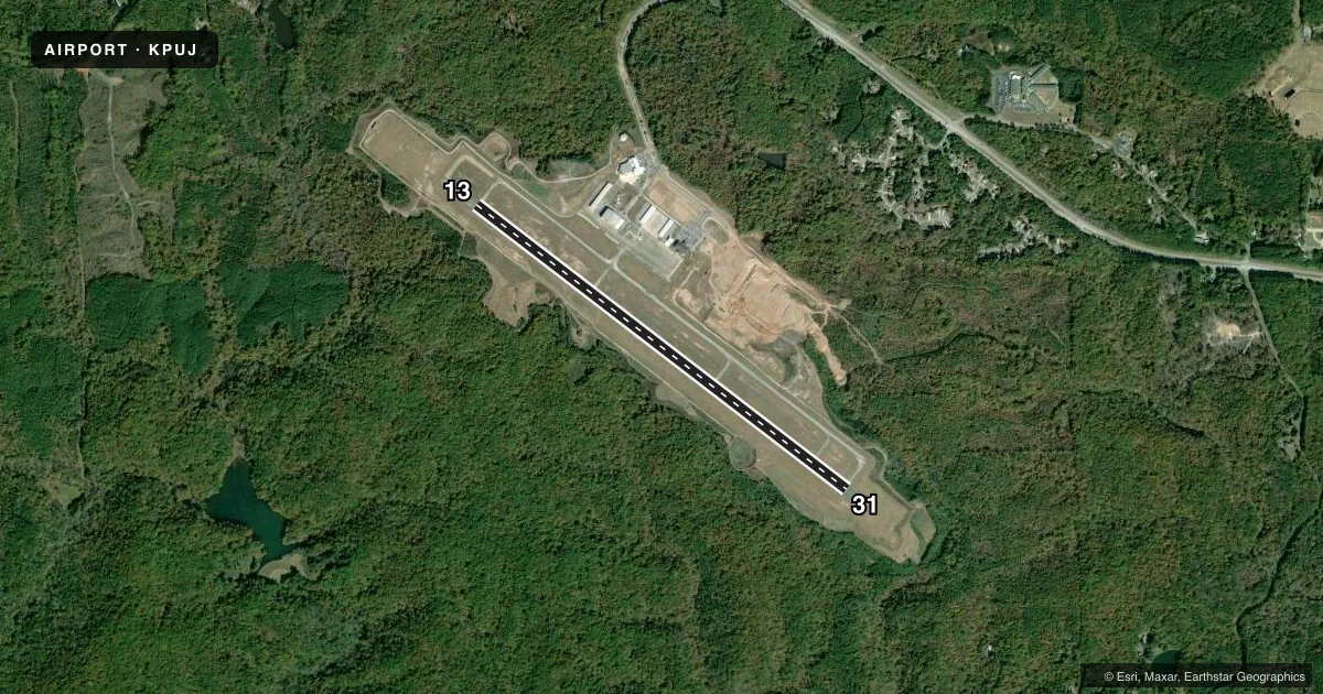 Top-down satellite sketch of KPUJ PAULDING NORTHWEST ATLANTA in ATLANTA, GEORGIA, showing runways 13/31 drawn to scale over Esri World Imagery
