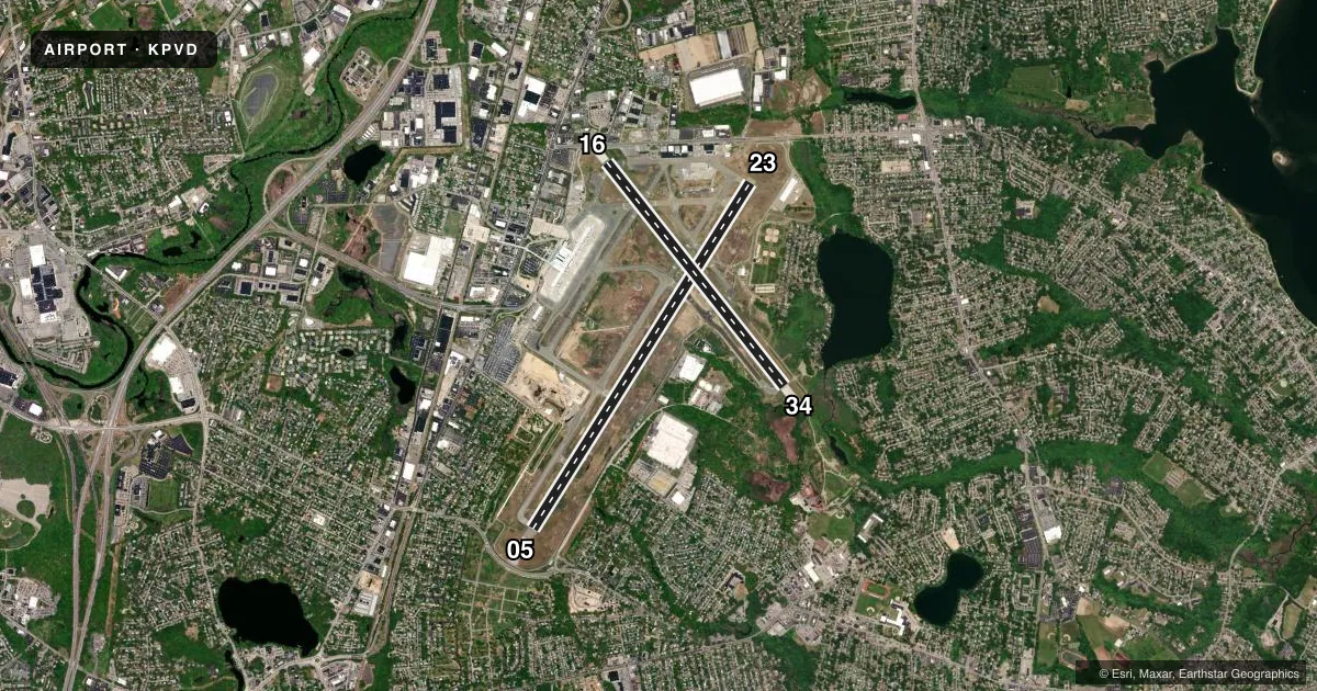 Top-down satellite sketch of KPVD RHODE ISLAND TF GREEN INTL in PROVIDENCE, RHODE ISLAND, showing runways 05/23, 16/34 drawn to scale over Esri World Imagery