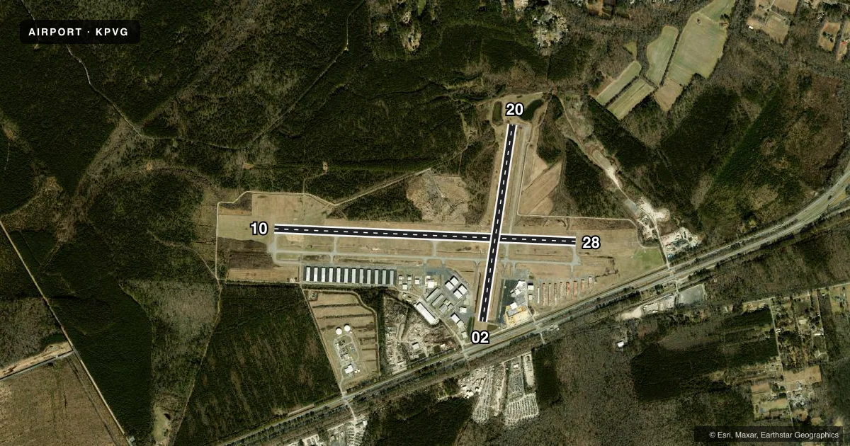 Top-down satellite sketch of KPVG HAMPTON ROADS EXEC in NORFOLK, VIRGINIA, showing runways 10/28, 02/20 drawn to scale over Esri World Imagery