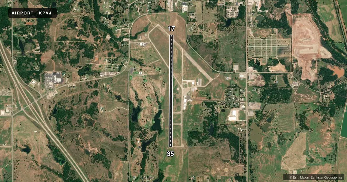 Top-down satellite sketch of KPVJ PAULS VALLEY MUNI in PAULS VALLEY, OKLAHOMA, showing runways 17/35 drawn to scale over Esri World Imagery