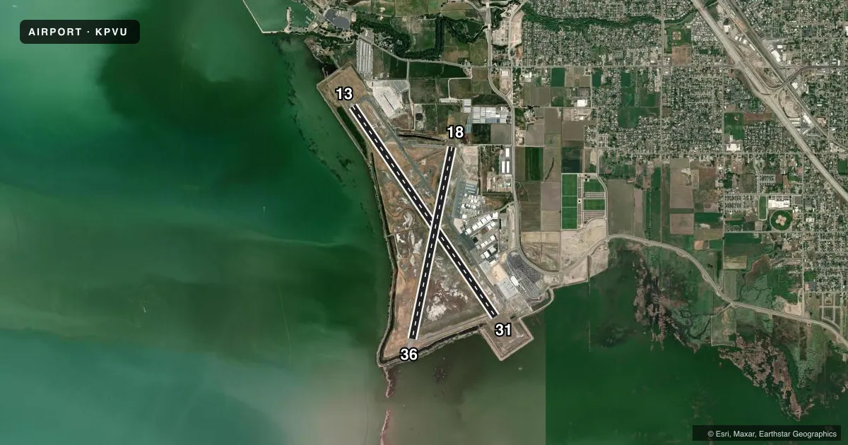 Top-down satellite sketch of KPVU PROVO MUNI in PROVO, UTAH, showing runways 13/31, 18/36 drawn to scale over Esri World Imagery