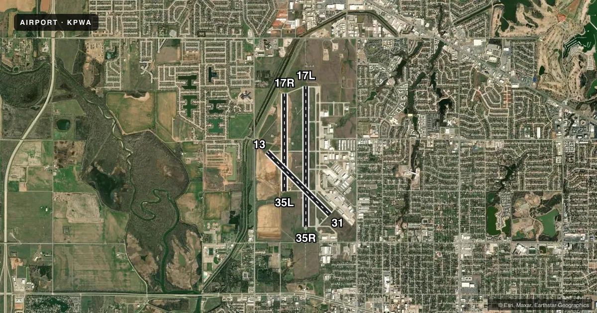 Top-down satellite sketch of KPWA WILEY POST in OKLAHOMA CITY, OKLAHOMA, showing runways 17L/35R, 17R/35L, 13/31 drawn to scale over Esri World Imagery