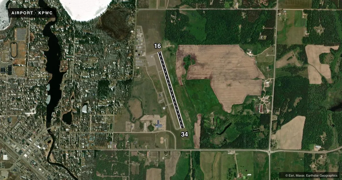Top-down satellite sketch of KPWC PINE RIVER RGNL in PINE RIVER, MINNESOTA, showing runways 16/34 drawn to scale over Esri World Imagery