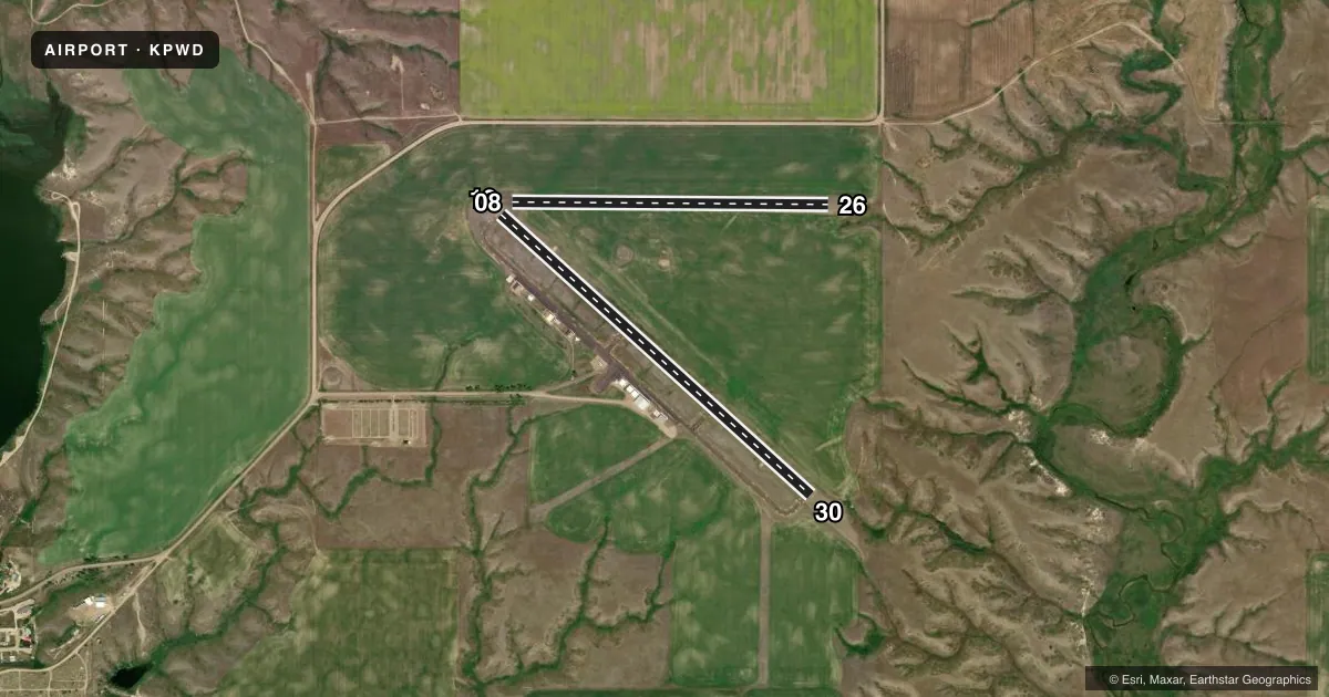 Top-down satellite sketch of KPWD SHER-WOOD in PLENTYWOOD, MONTANA, showing runways 12/30, 08/26 drawn to scale over Esri World Imagery