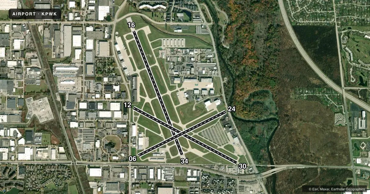 Top-down satellite sketch of KPWK CHICAGO EXEC in CHICAGO/PROSPECT HEIGHTS/WHEELING, ILLINOIS, showing runways 16/34, 12/30, 06/24 drawn to scale over Esri World Imagery