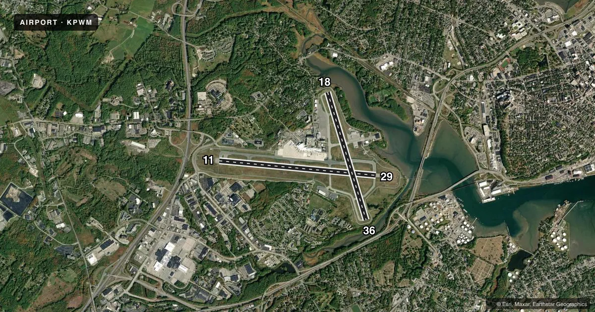 Top-down satellite sketch of KPWM PORTLAND INTL JETPORT in PORTLAND, MAINE, showing runways 11/29, 18/36 drawn to scale over Esri World Imagery