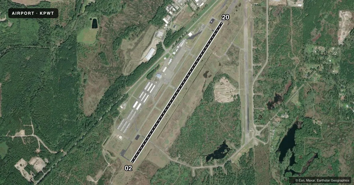 Top-down satellite sketch of KPWT BREMERTON NTL in BREMERTON, WASHINGTON, showing runways 02/20 drawn to scale over Esri World Imagery