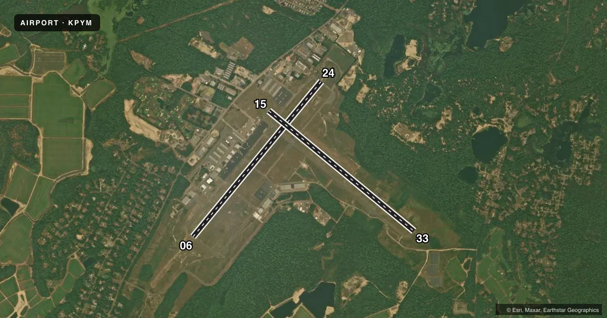 Top-down satellite sketch of KPYM PLYMOUTH MUNI in PLYMOUTH, MASSACHUSETTS, showing runways 06/24, 15/33 drawn to scale over Esri World Imagery