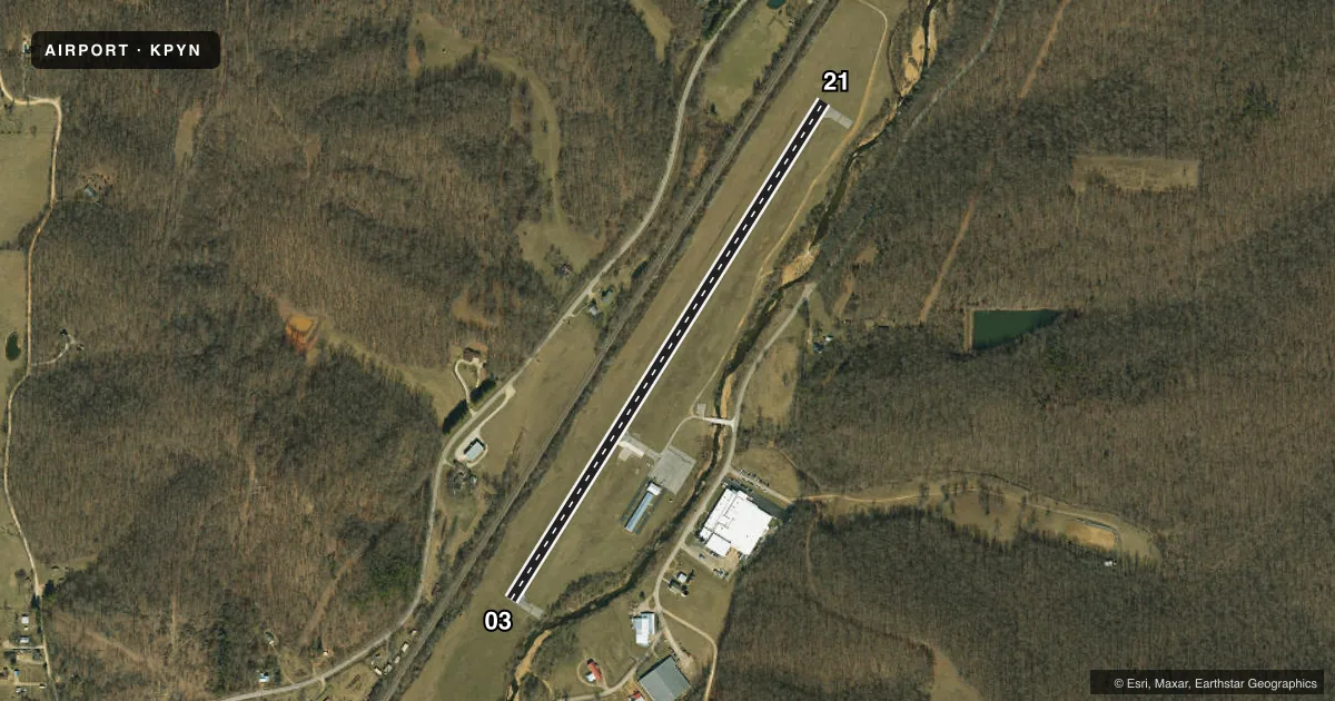 Top-down satellite sketch of KPYN PIEDMONT MUNI in PIEDMONT, MISSOURI, showing runways 03/21 drawn to scale over Esri World Imagery