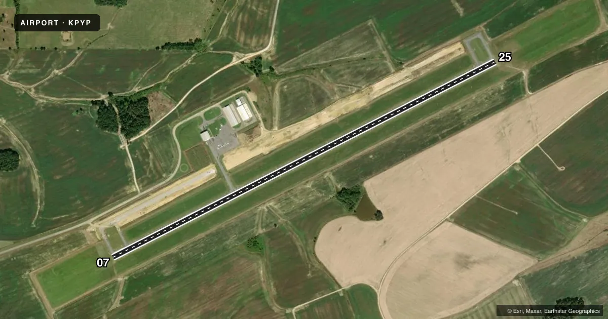 Top-down satellite sketch of KPYP CENTRE PIEDMONT/CHEROKEE COUNTY RGNL in CENTRE, ALABAMA, showing runways 07/25 drawn to scale over Esri World Imagery