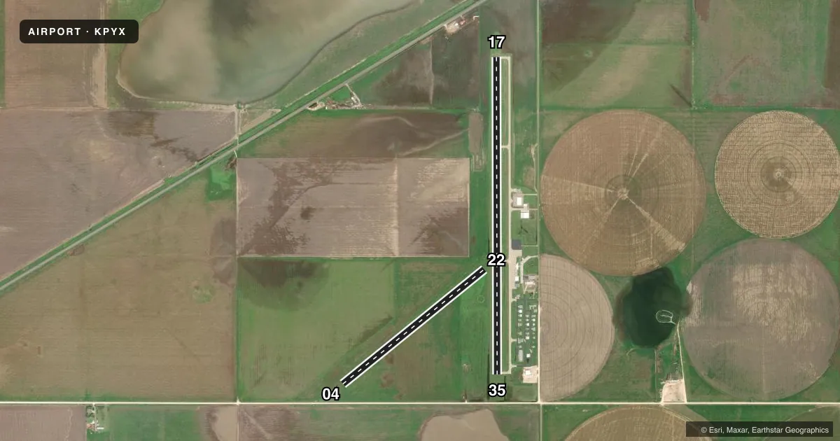 Top-down satellite sketch of KPYX PERRYTON OCHILTREE COUNTY in PERRYTON, TEXAS, showing runways 17/35, 04/22 drawn to scale over Esri World Imagery