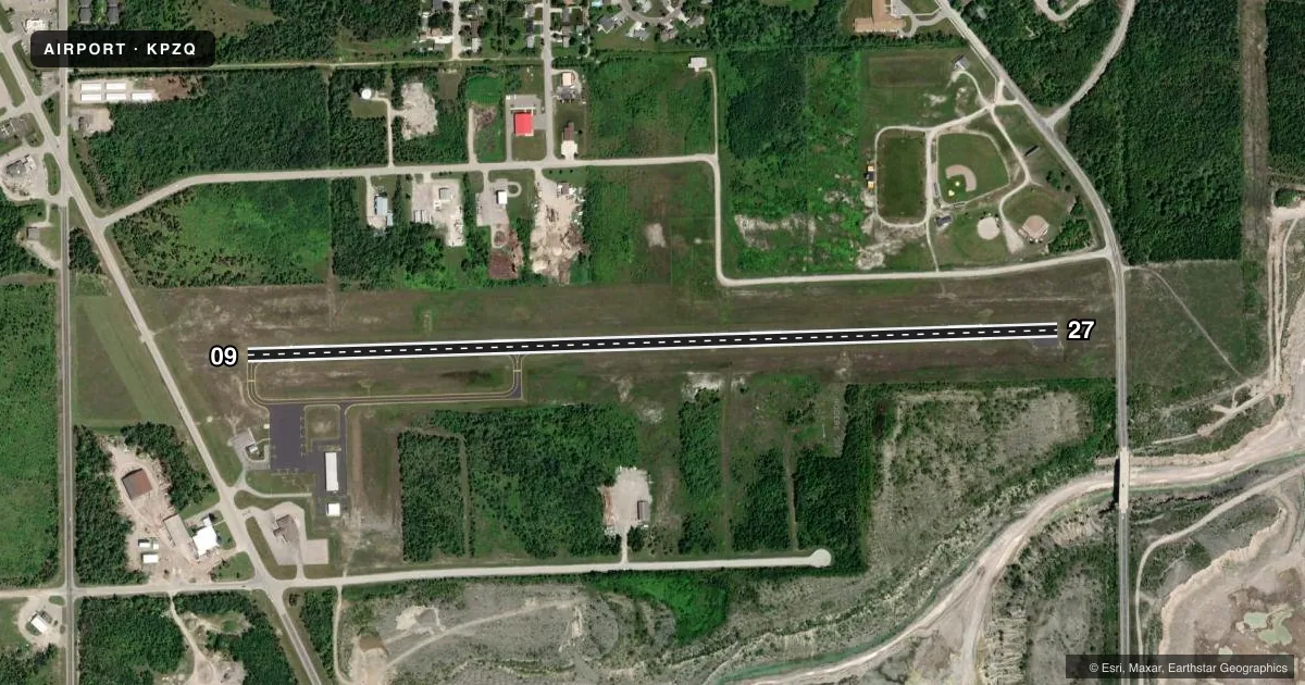 Top-down satellite sketch of KPZQ PRESQUE ISLE COUNTY in ROGERS CITY, MICHIGAN, showing runways 09/27 drawn to scale over Esri World Imagery