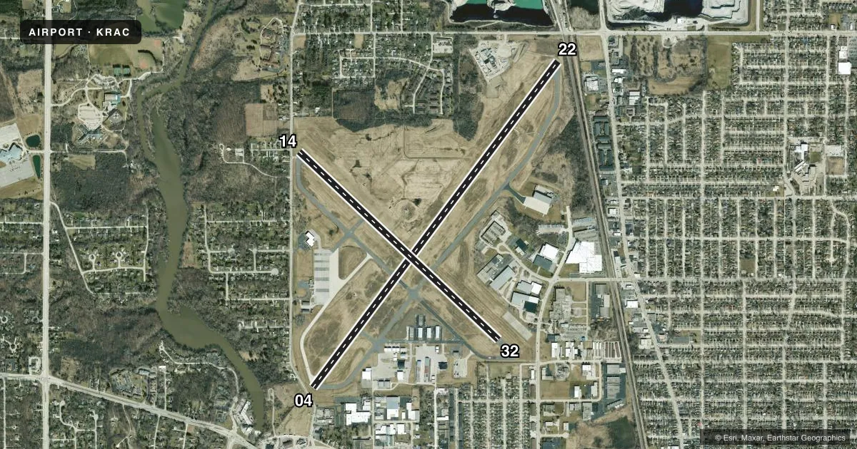 Top-down satellite sketch of KRAC BATTEN INTL in RACINE, WISCONSIN, showing runways 04/22, 14/32 drawn to scale over Esri World Imagery