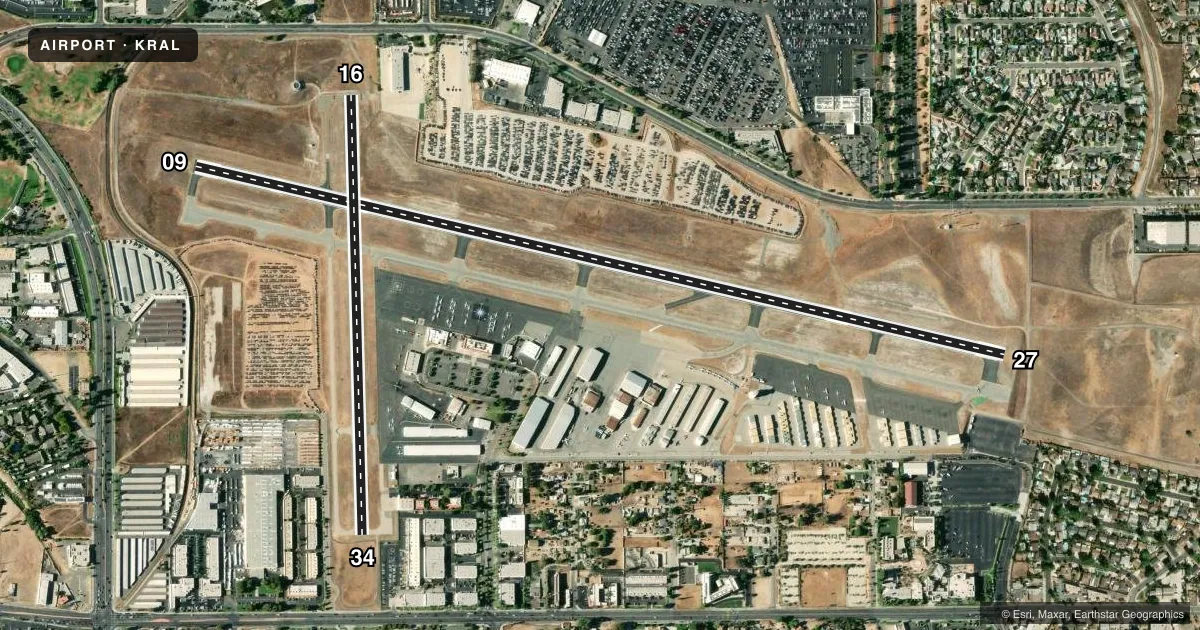 Top-down satellite sketch of KRAL RIVERSIDE in RIVERSIDE, CALIFORNIA, showing runways 09/27, 16/34 drawn to scale over Esri World Imagery