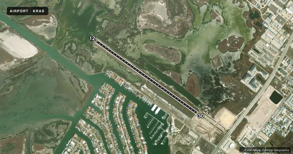 Top-down satellite sketch of KRAS MUSTANG BEACH in PORT ARANSAS, TEXAS, showing runways 12/30 drawn to scale over Esri World Imagery