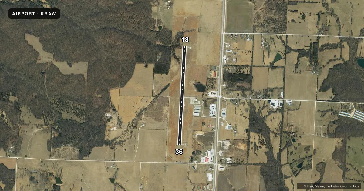 Top-down satellite sketch of KRAW WARSAW MUNI in WARSAW, MISSOURI, showing runways 18/36 drawn to scale over Esri World Imagery
