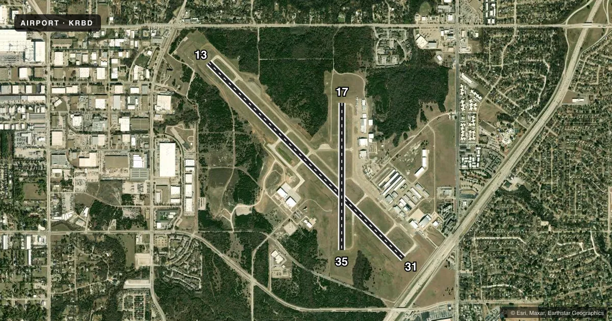 Top-down satellite sketch of KRBD DALLAS EXEC in DALLAS, TEXAS, showing runways 13/31, 17/35 drawn to scale over Esri World Imagery