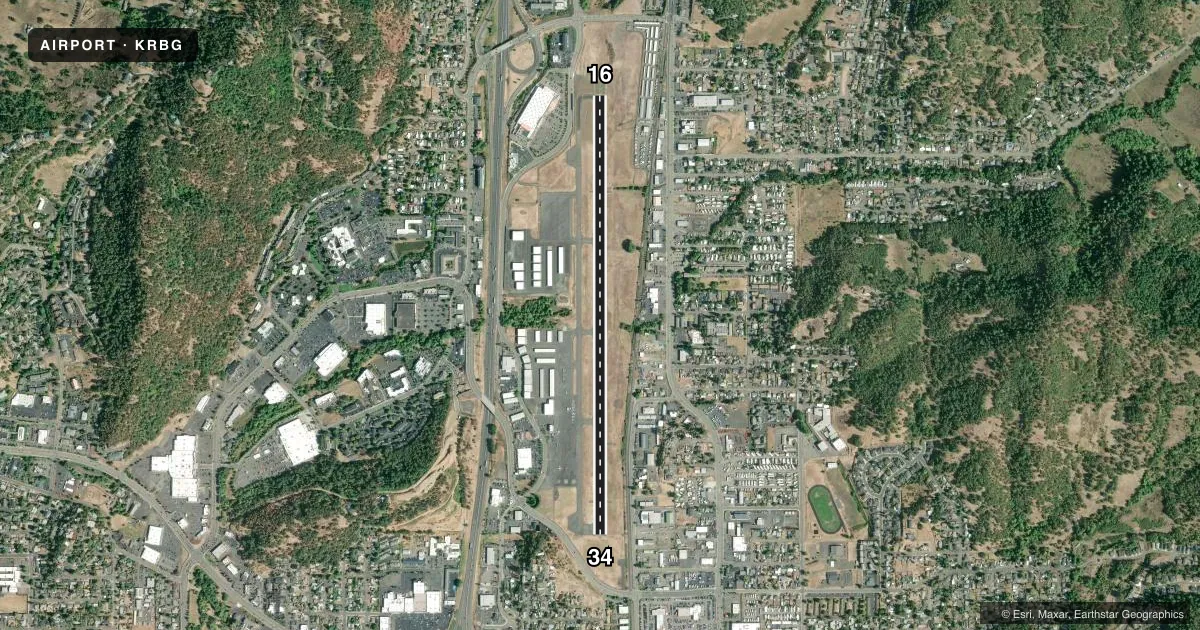 Top-down satellite sketch of KRBG ROSEBURG RGNL in ROSEBURG, OREGON, showing runways 16/34 drawn to scale over Esri World Imagery