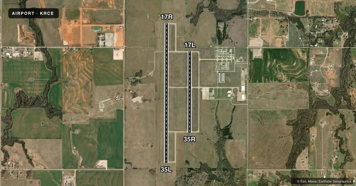 Top-down satellite sketch of KRCE CLARENCE E PAGE MUNI in OKLAHOMA CITY, OKLAHOMA, showing runways 17R/35L, 17L/35R drawn to scale over Esri World Imagery