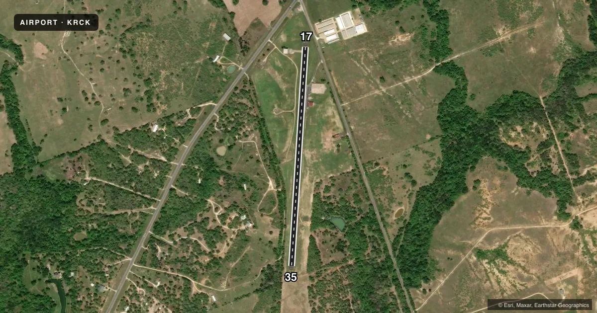 Top-down satellite sketch of KRCK H H COFFIELD RGNL in ROCKDALE, TEXAS, showing runways 17/35 drawn to scale over Esri World Imagery