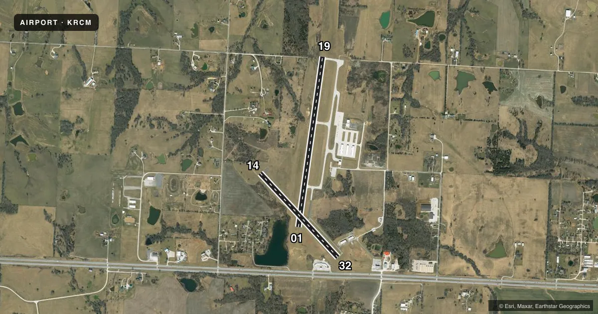 Top-down satellite sketch of KRCM SKYHAVEN in WARRENSBURG, MISSOURI, showing runways 01/19, 14/32 drawn to scale over Esri World Imagery