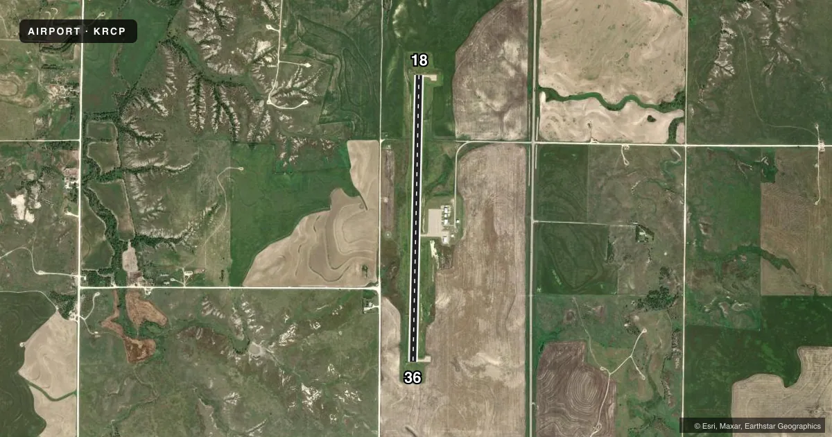 Top-down satellite sketch of KRCP ROOKS COUNTY RGNL in STOCKTON, KANSAS, showing runways 18/36 drawn to scale over Esri World Imagery