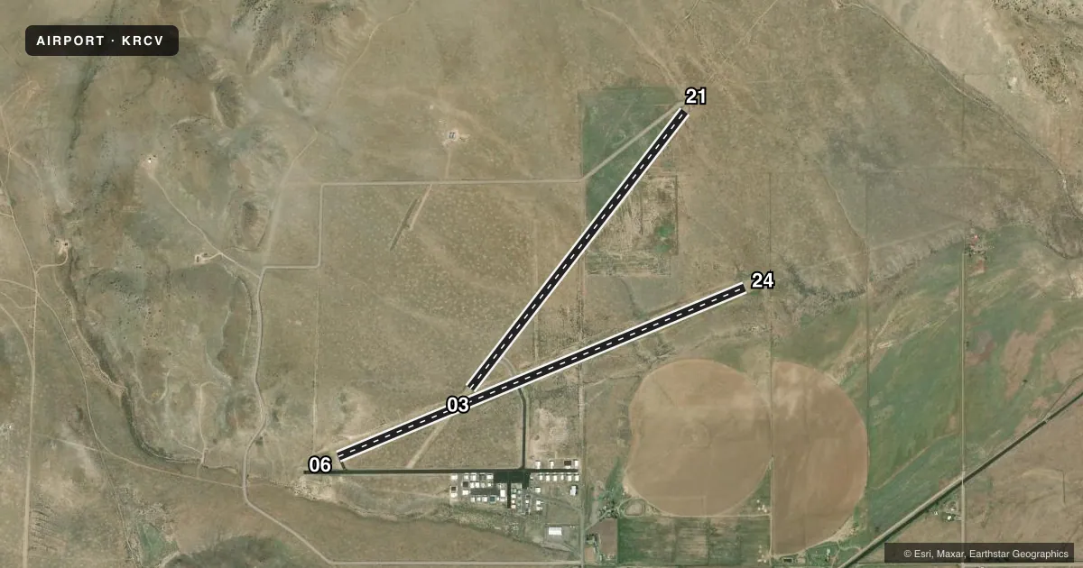 Top-down satellite sketch of KRCV ASTRONAUT KENT ROMINGER in DEL NORTE, COLORADO, showing runways 06/24, 03/21 drawn to scale over Esri World Imagery