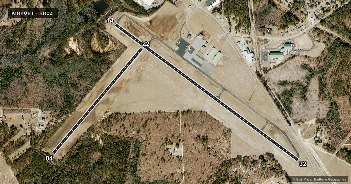 Top-down satellite sketch of KRCZ RICHMOND COUNTY in ROCKINGHAM, NORTH CAROLINA, showing runways 14/32, 04/22 drawn to scale over Esri World Imagery